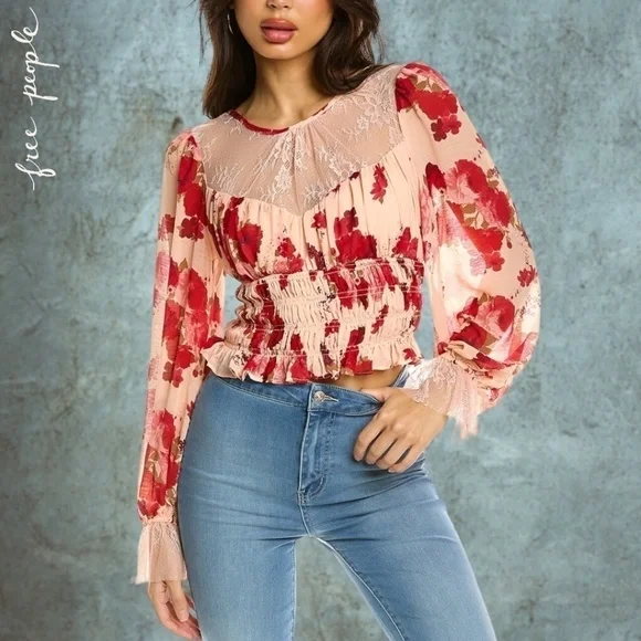 FREE PEOPLE Daphne Rose/Floral Long Sleeve Sheer Lace Ruched Blouse-Sm NWT - Picture 6 of 16